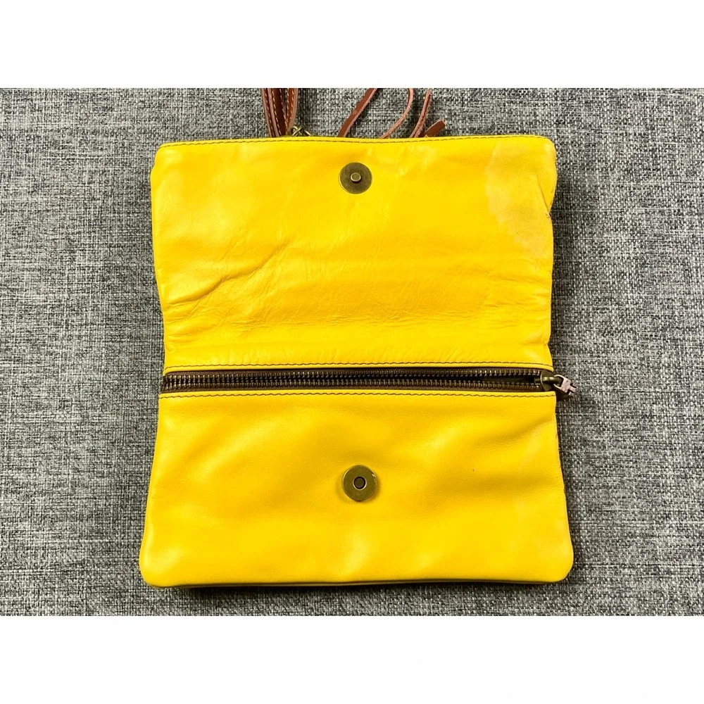 Vera Pelle Italy Yellow Leather Crossbody Foldover Tassel Clutch Bag